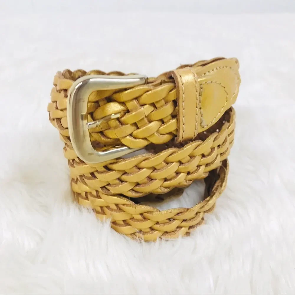VINTAGE 90s Gold Metallic Woven Leather Belt‎ Braided Y2K Retro Medium Large
